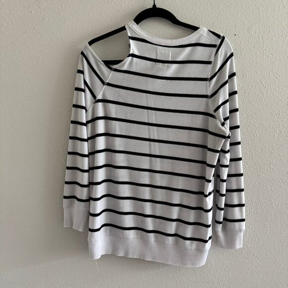 Chaser Black White Striped Cold Shoulder Pullover Sweater M - Picture 5 of 6